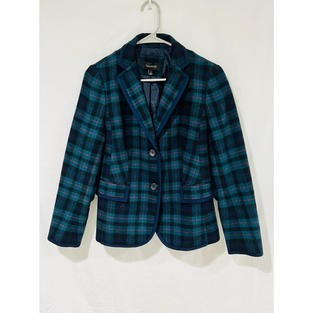 Talbots Green Blue Plaid Tartan Blazer 2-Button Up Workwear Jacket